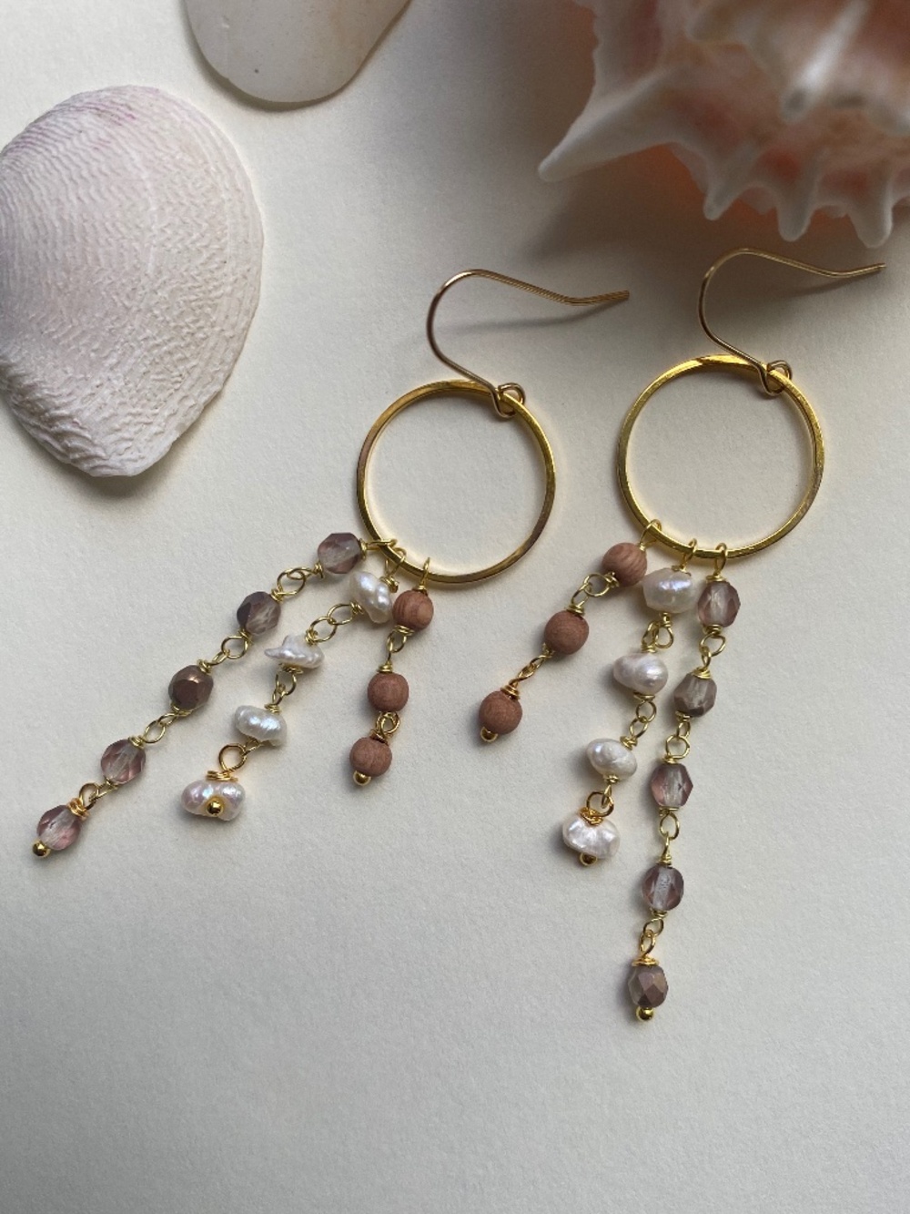 Handmade Hoop Dangle Earrings with Freshwater Pearl & Beads